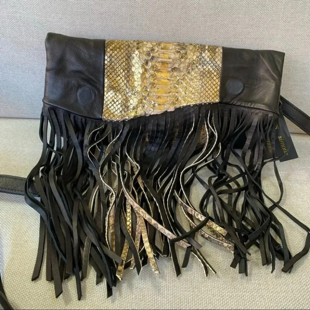 NWT Tarryn Simone Elsee Fringe Leather Crossbody Bag Black Gold Snake